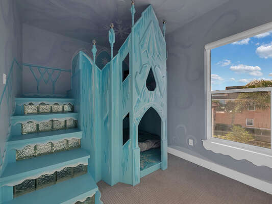Little princesses will love this ice castle twin/twin bunk bed, each bed featuring a TV and night light.