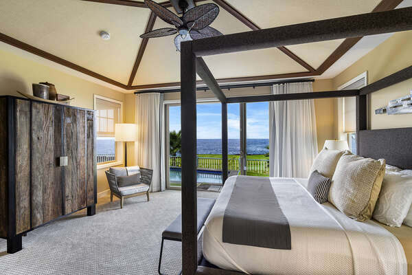 Master bedroom includes Cal-King bed, wardrobe, and sliding glass door leading outside.