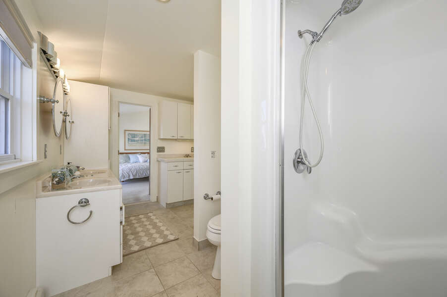 2nd floor bathroom with double sinks and shower-67 The Cornfield Chatham Cape Cod - New England Vacation Rentals