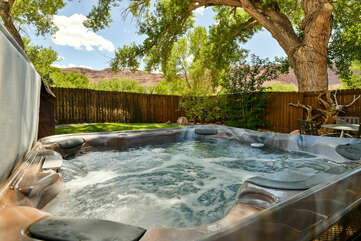 Backyard with private hot tub