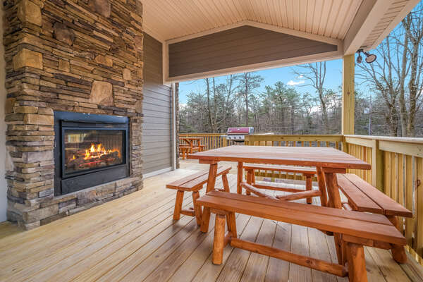 Deck with Seating and Fireplace at our Poconos Vacation Home