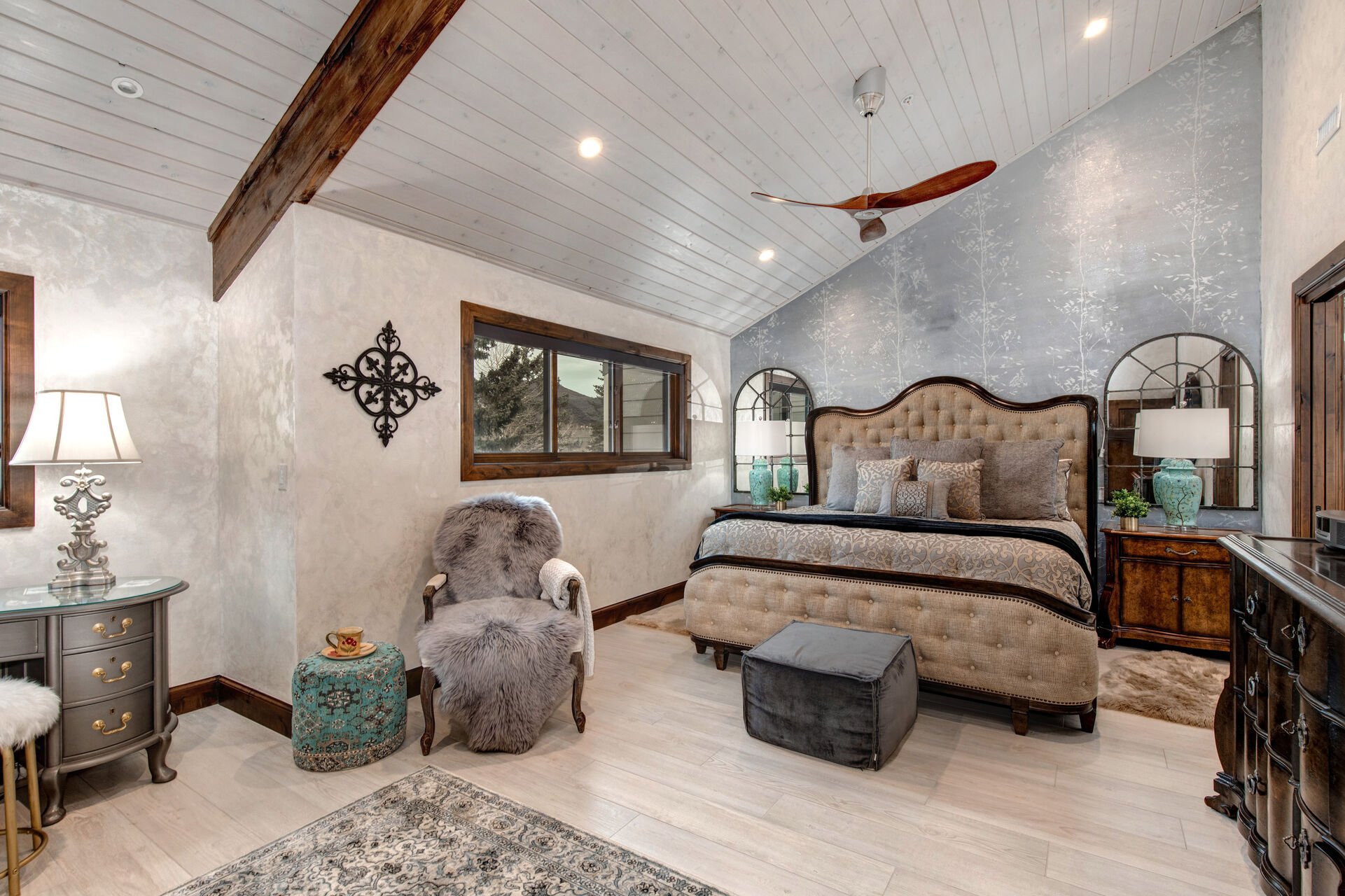 Master Bedroom with a King Bed, Vaulted Ceiling and Private Bath