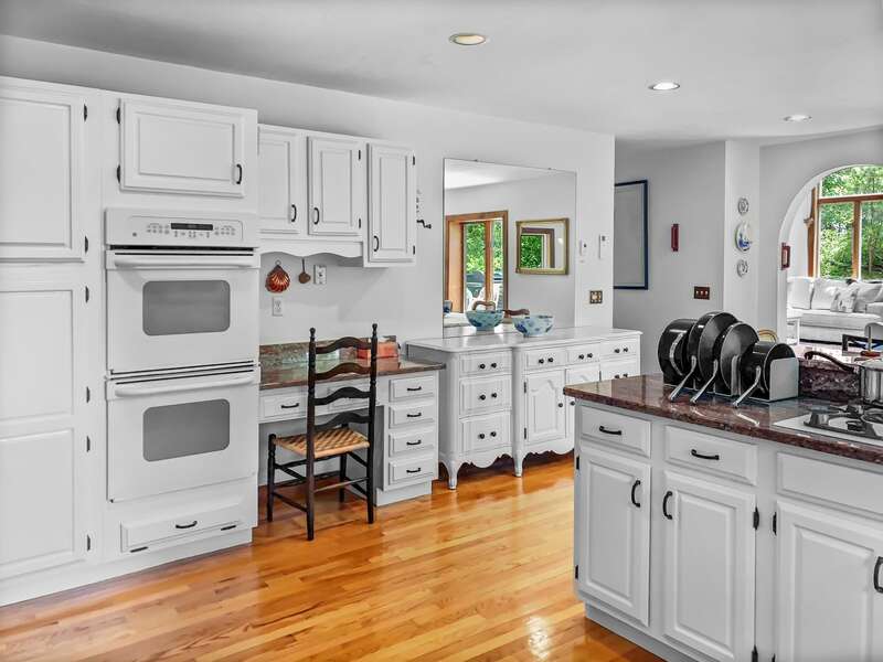 Recently refreshed kitchen with Double ovens and even a desk space for remote learning! 335 Meeting House Rd- Chatham- New England Vacation Rentals