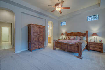Large primary suite includes a king bed, walk-in closet and ensuite bath.