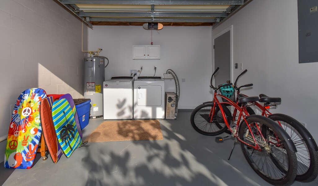 Shared garage with washer/dryer, bikes and boogies boards