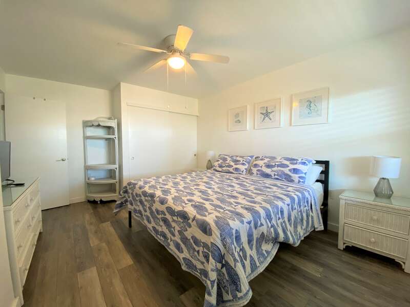 Large bed, closet, dresser, and ceiling fan