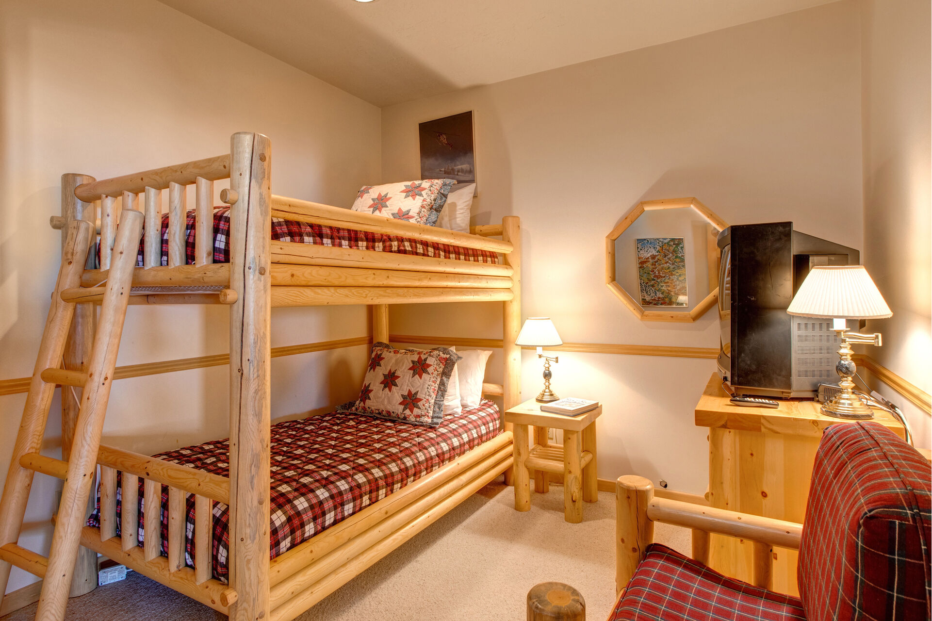 Lower Level Bedroom 5 with Twin over Twin Bunk Beds and Access to a Full Shared Bath