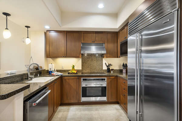 Image of the fully equipped kitchen with massive fridge, oven range, and dishwasher.