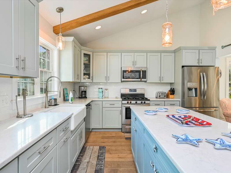 Kitchen with center island with extra seating for 4-58 Depot St, Dennisport, New England Vacation Rentals