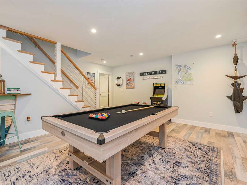New finished Basement with Bar and Pool table and entertainment area. -58 Depot St, Dennisport, New England Vacation Rentals