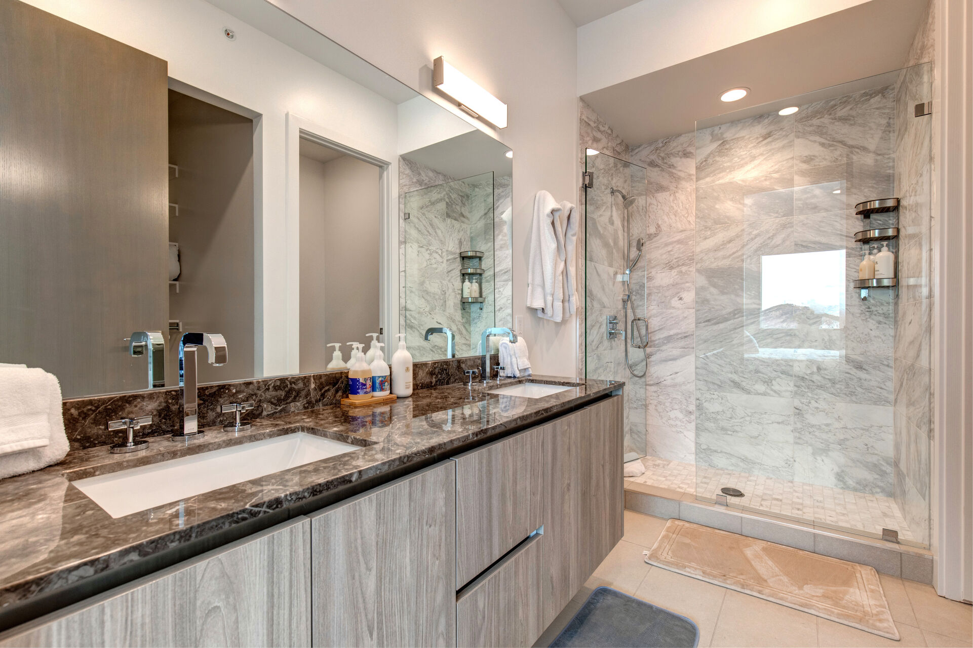 Master 2 En-Suite Bath with Dual Stone Countertop Sinks and Large Shower