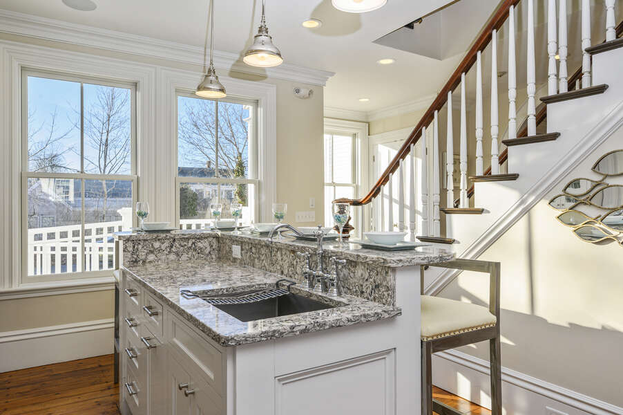 Tiered Breakfast bar Island showing the additional sink and seating for 5, 525 Route 28, Harwich Port, Cape Cod, New England Vacation Rentals