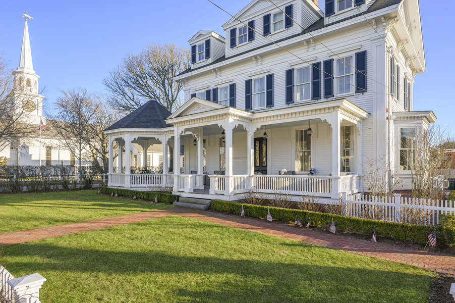 The Mooring's grand façade facing Route 28, Harwich Port, Cape Cod, New England Vacation Rentals #BookNEVRDirectTheMooring