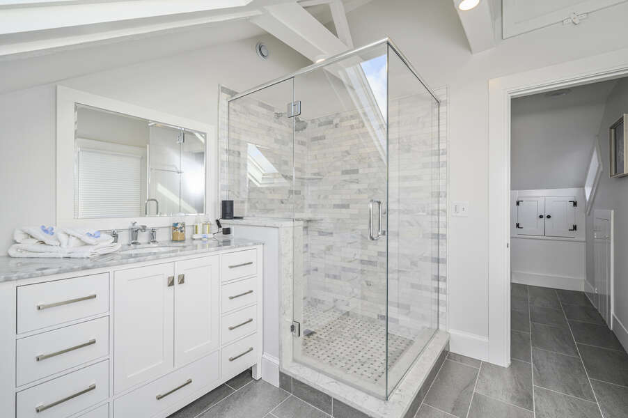 En-suite Bathroom for Bedroom #3 with large walk in shower, and vanity. 530 Route 28 Harwich Port, Cape Cod, New England Vacation Rentals