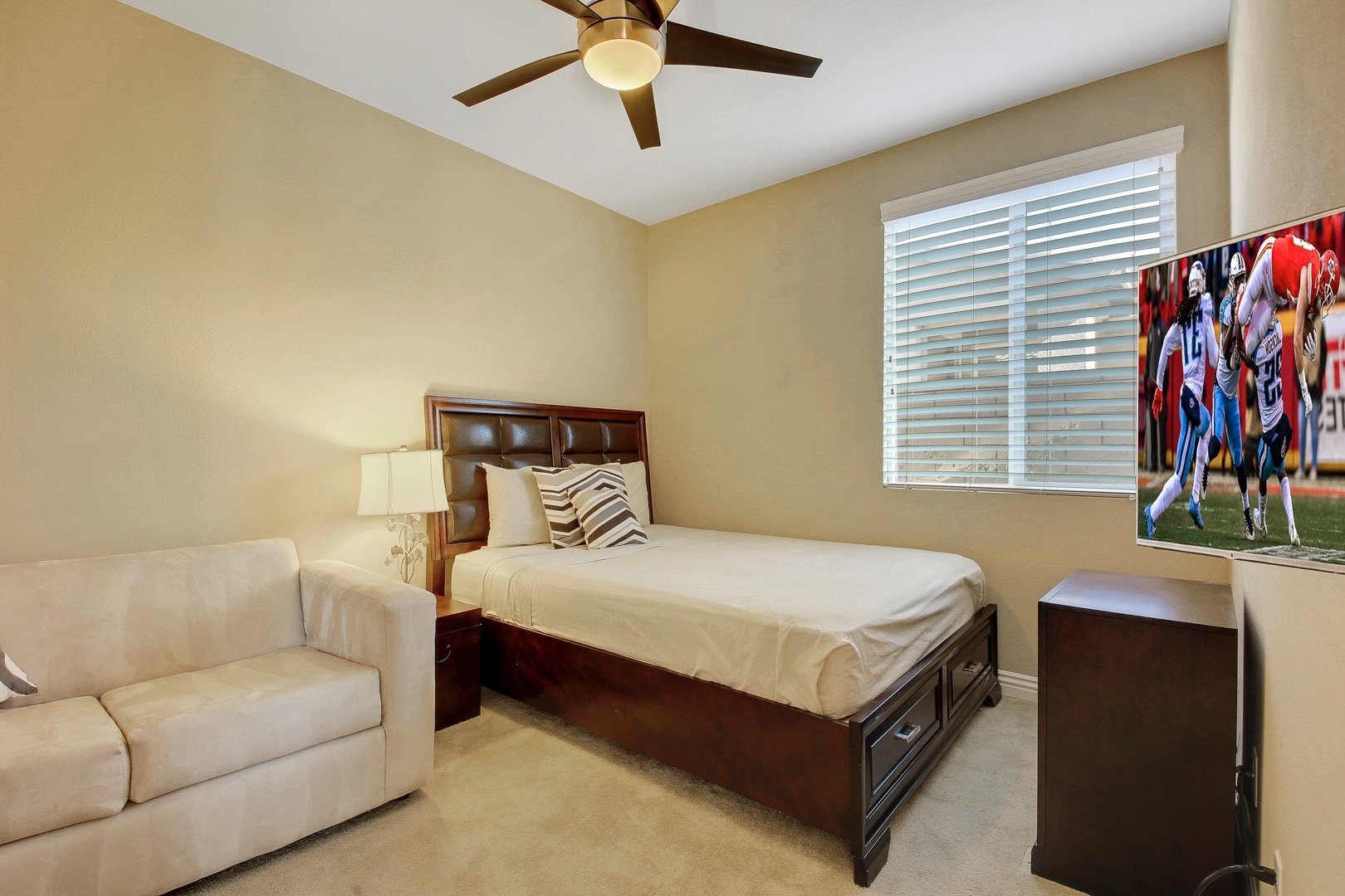Bedroom 2 has a queen size bed and full sofa sleeper to sleep 4 in this room . 40-inch Visio TV