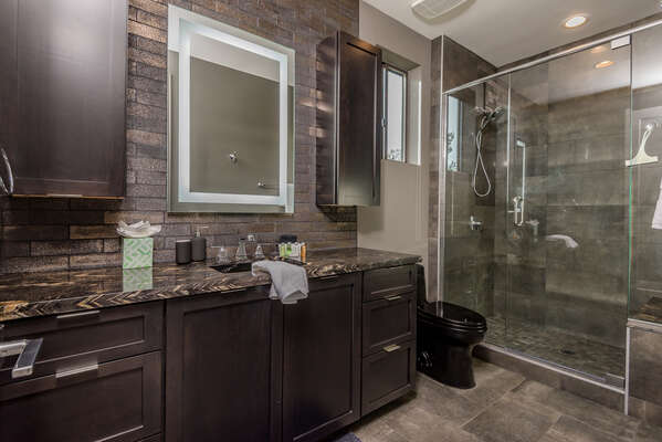 Master (Hall) Bath 3 with a Granite Counter Vanity and Lighted Mirror, and an Oversized Tile/Glass Shower with Dual Shower Heads
