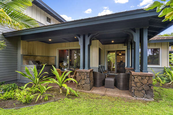 View of the Covered Lanai of our Mauna Lani Rental