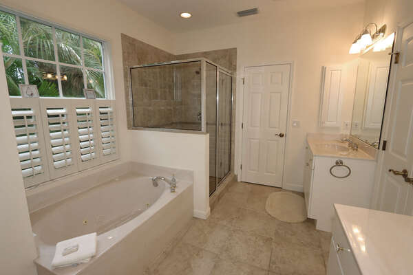 Master Bathroom with Shower, Jetted Tub and His and Her sinks