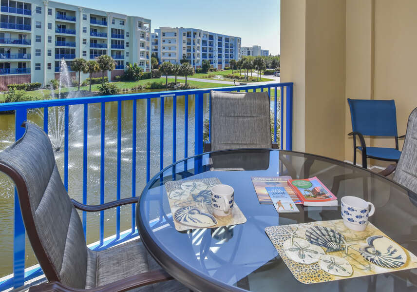 The balcony with a view of the pond in our 302 Ocean Walk condo