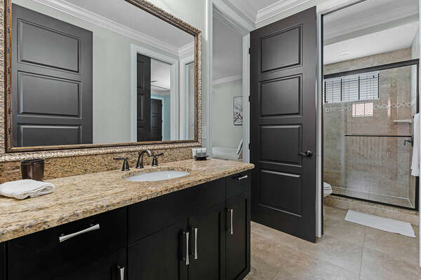 Full bathroom with a large vanity and walk-in shower