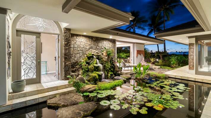 Courtyard & Koi pond at sunset, Entrance to Honu Master Suite