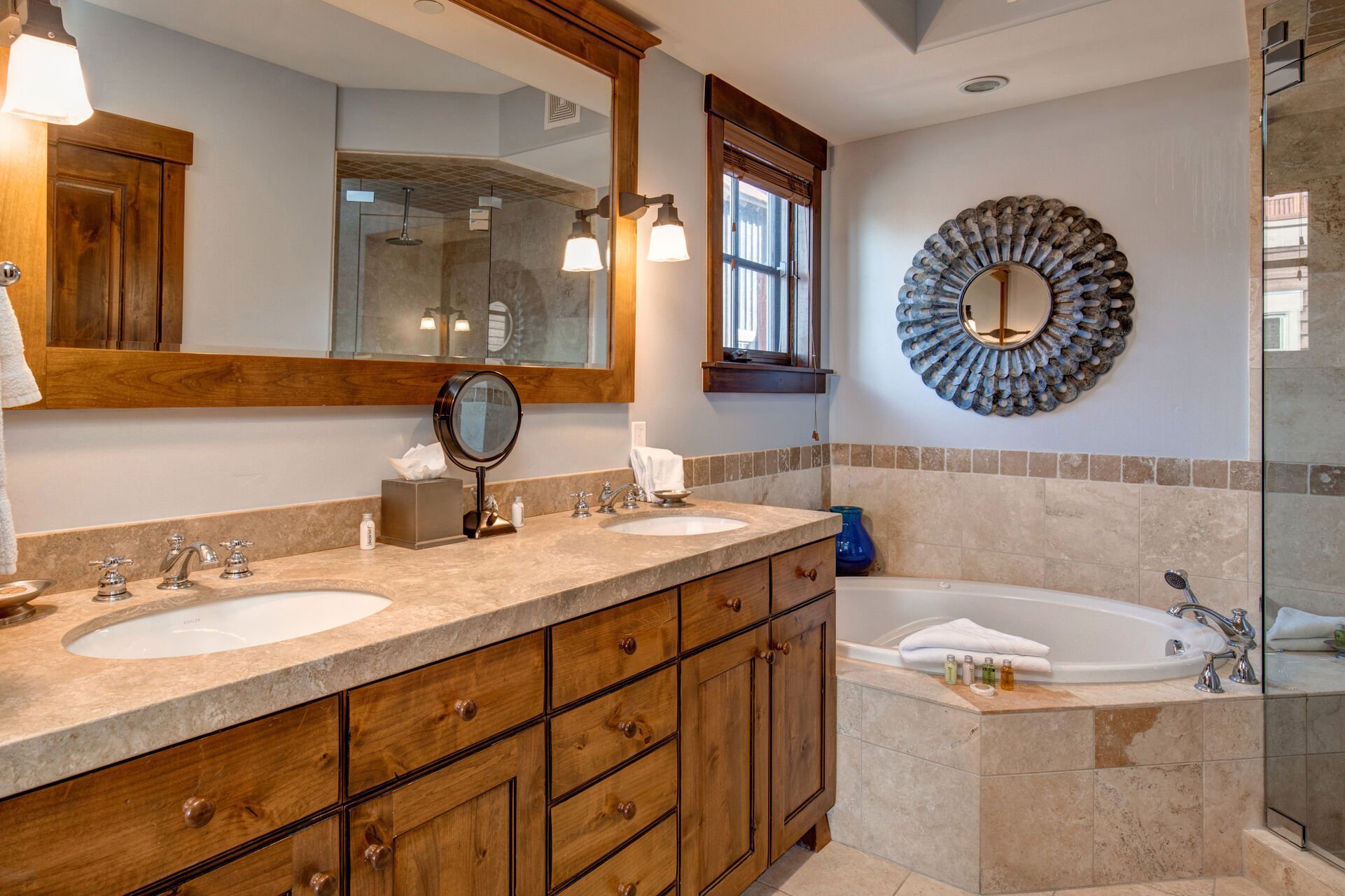 Grand Master Bath with Dual Stone Counter Sinks, Jetted Tub, Walk-in Closet and Water Closet
