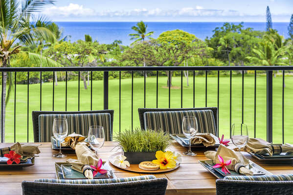 Spacious lanai with beautiful ocean views at our Kona HI Villa