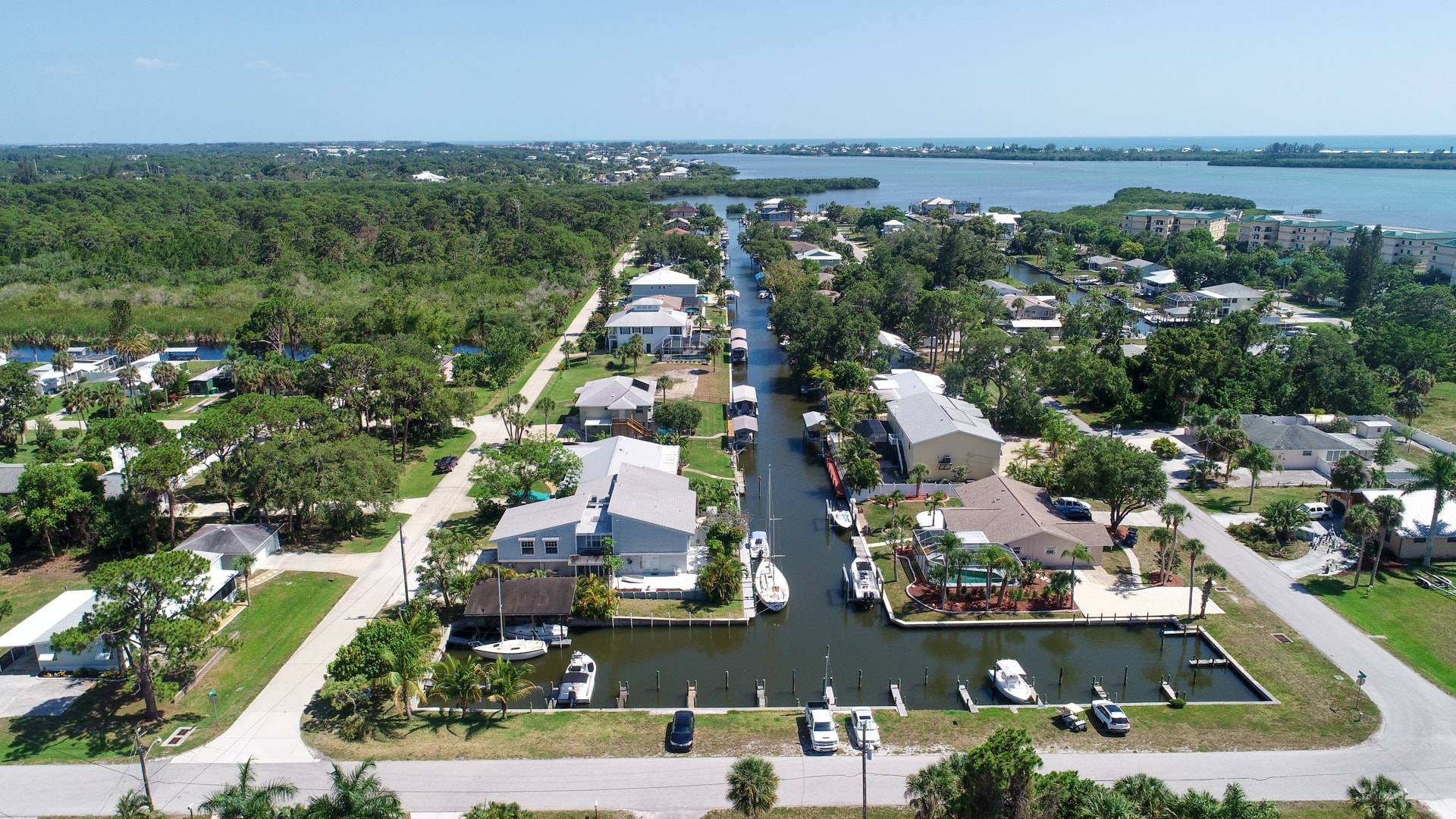Aerial of corner house and down the canal leading to Lemon Bay