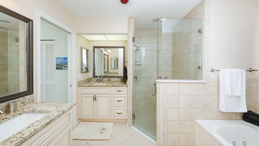 Hauptbadezimmer mit begehbarer Dusche und Gartenwanne