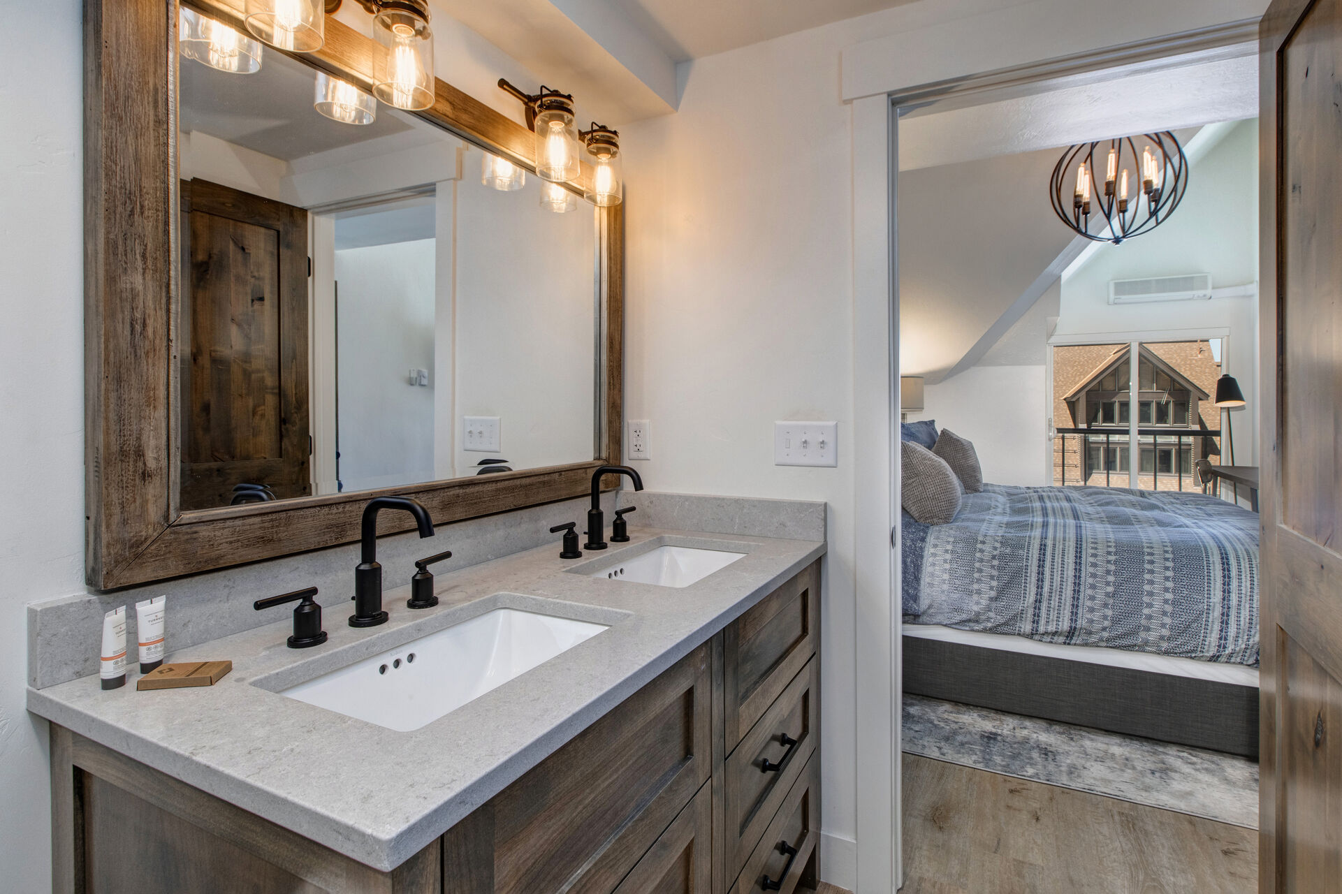 Master Bath with Dual Stone Counter Sinks and a Shower