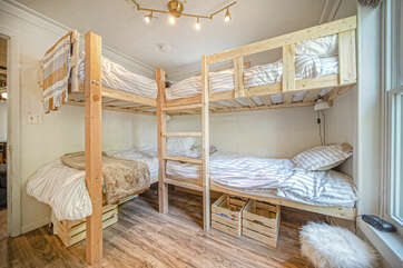 A close picture of the set of bunk beds in the bunk room.