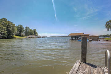 A view of the lake from the dock near this home.
