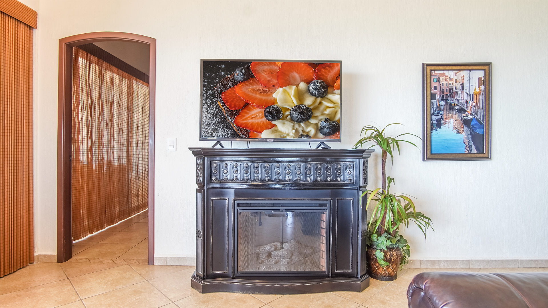 TV and electric fireplace add to the comfort of there living groom.