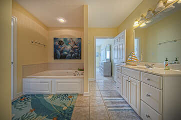 Lower Level master Bath with Tub and vanity sink.
