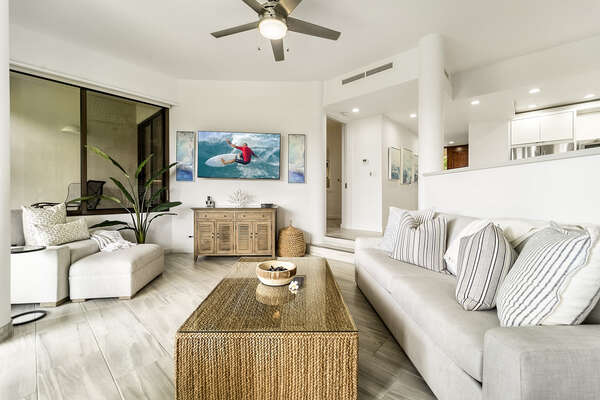 Sofa, Armchair, Coffee Table, Smart TV, and Ceiling Fan