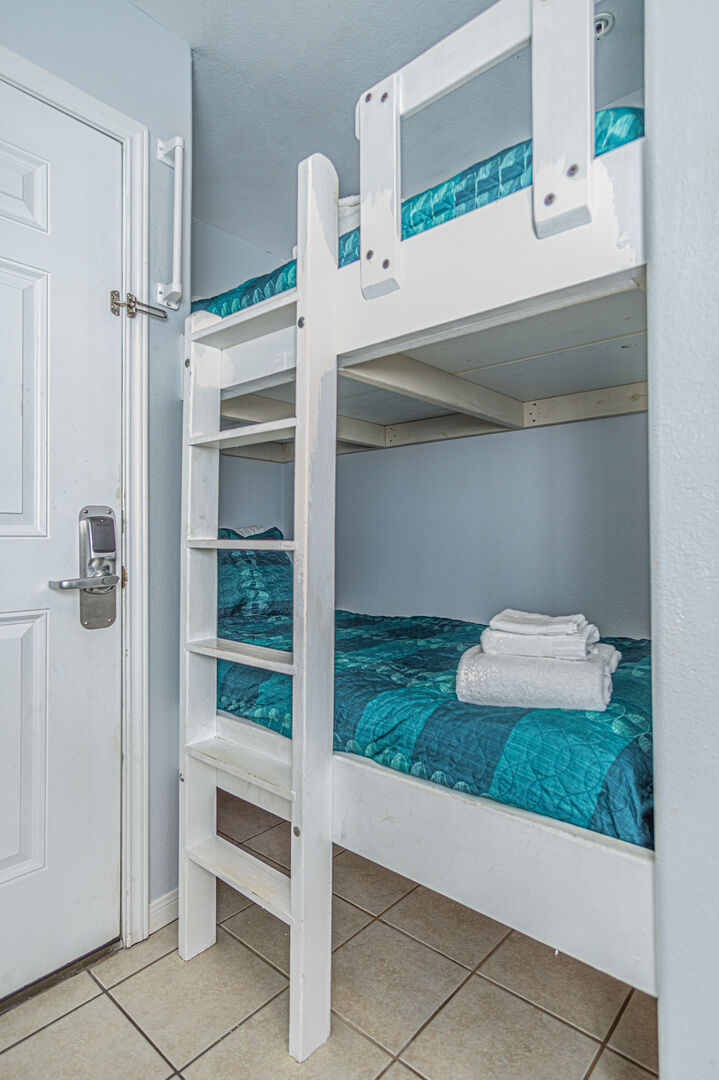 Kids will love having their very own bunk getaway.  These bunks are regular twin size beds, no mini-bunks here!