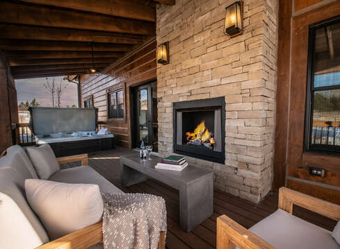 Outdoor fireplace and private hot tub