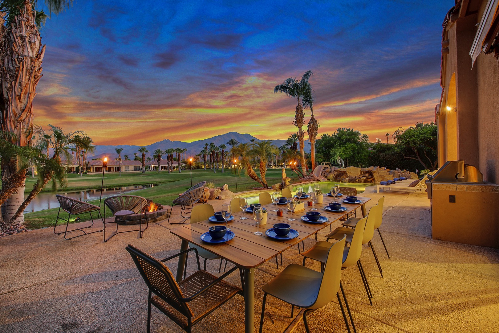 Dinner with a view! The elegant patio dinner table comfortably sits 10 and is located right outside the dinning room.