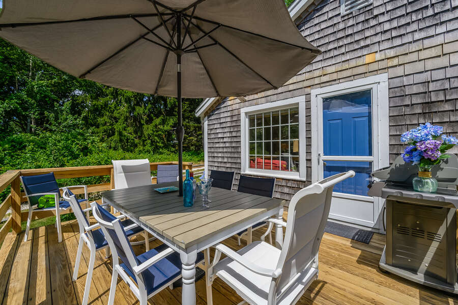 Deck off of Living room with grill and ample seating for el fresco dining 80 Lienau Dr Chatham Ma - Cape Cod- New England Vacation Rentals