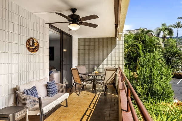 Lanai with Ceiling Fan, Outdoor Sofa, Table, and Chairs