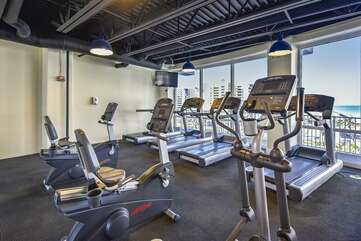 Fitness center at Laketown wharf. Imagine your morning run with that view!