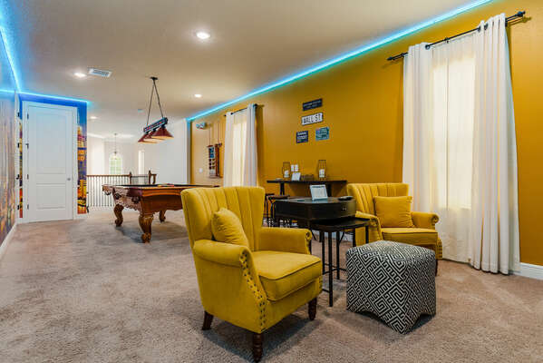 Enjoy tabletop seating for 4 or lounge in one of the two chairs as you watch movies from your SMART TV