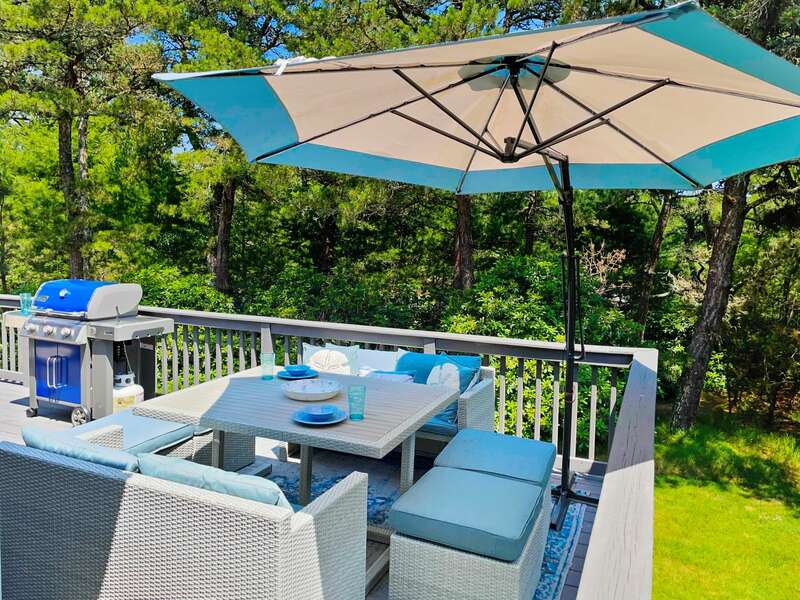 Expansive outdoor living area which begins with the comfortable and spacious dining set next to the gas grill - 1 Somerset Road Harwich Cape Cod - New England Vacation Rentals
