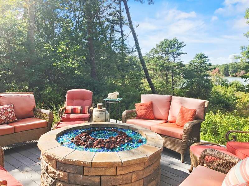 Lower Fire pit overlooking the Pond-10 Cranberry Hollow Harwich-Cape Cod- New England Vacation Rentals-#BookNEVRDirectArtfulView