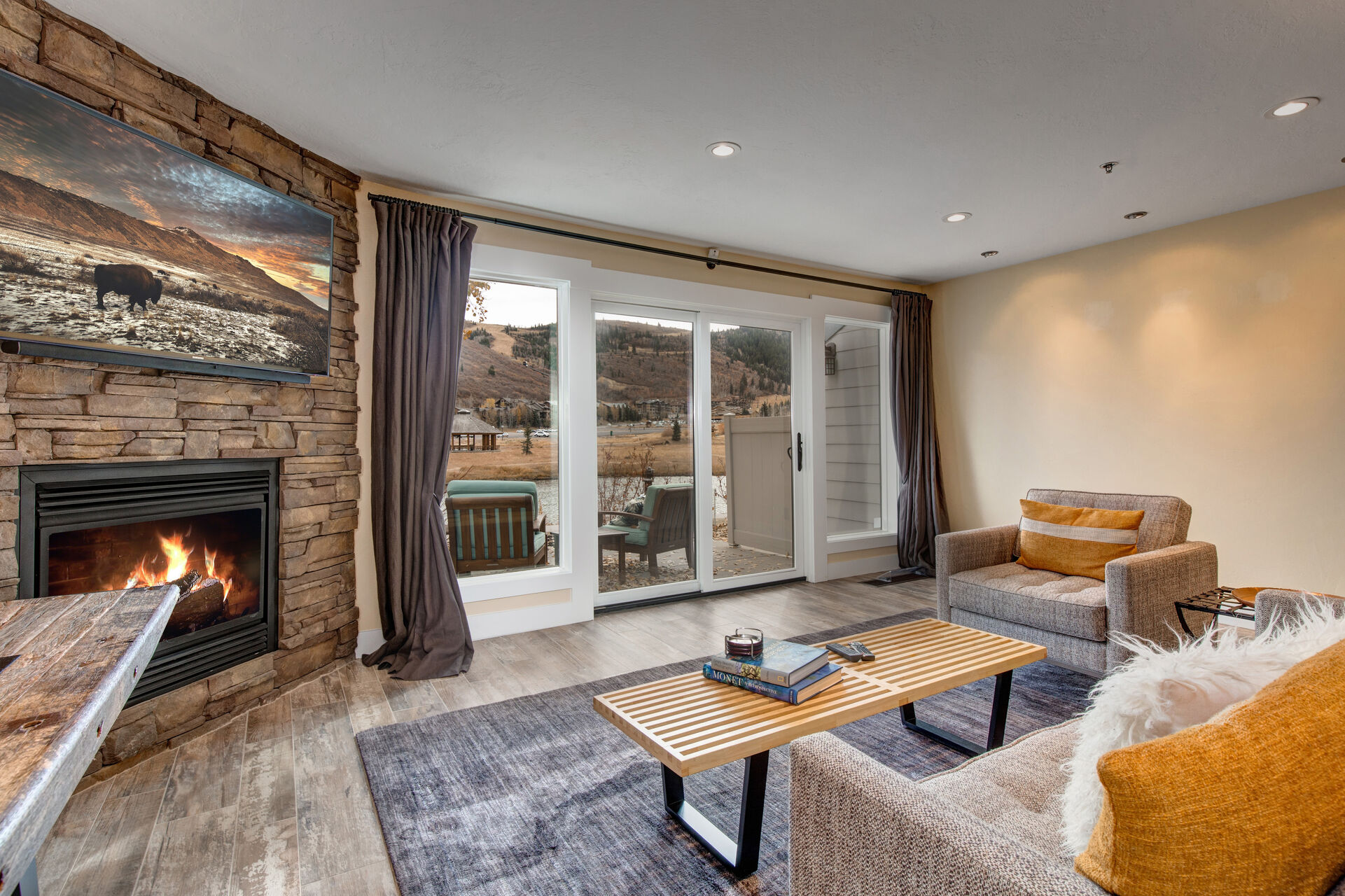 Living Room with stunning view of Deer Valley mountain and pond