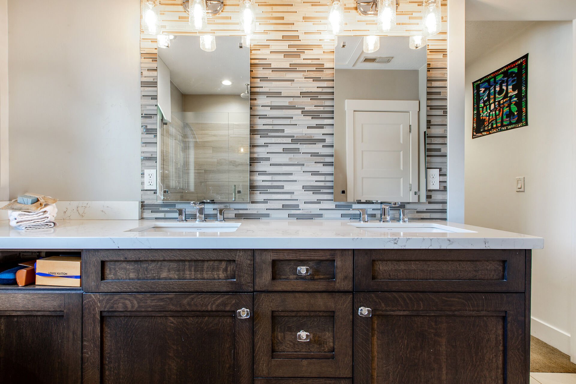 Master Bathroom with Two Stone Counter Sinks and Heated Flooring