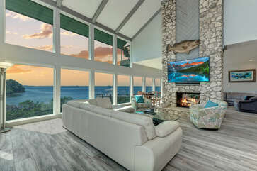 Large open floor plan of downstairs living space with views for days!