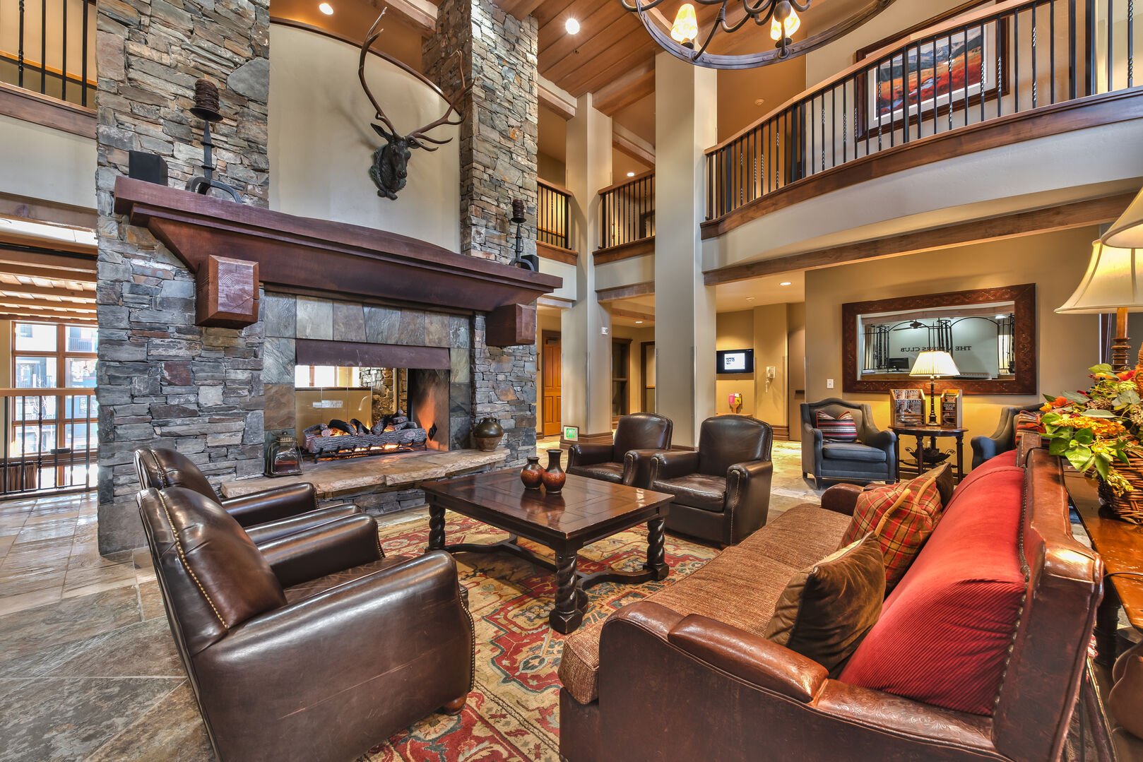 Main lobby with large fireplace