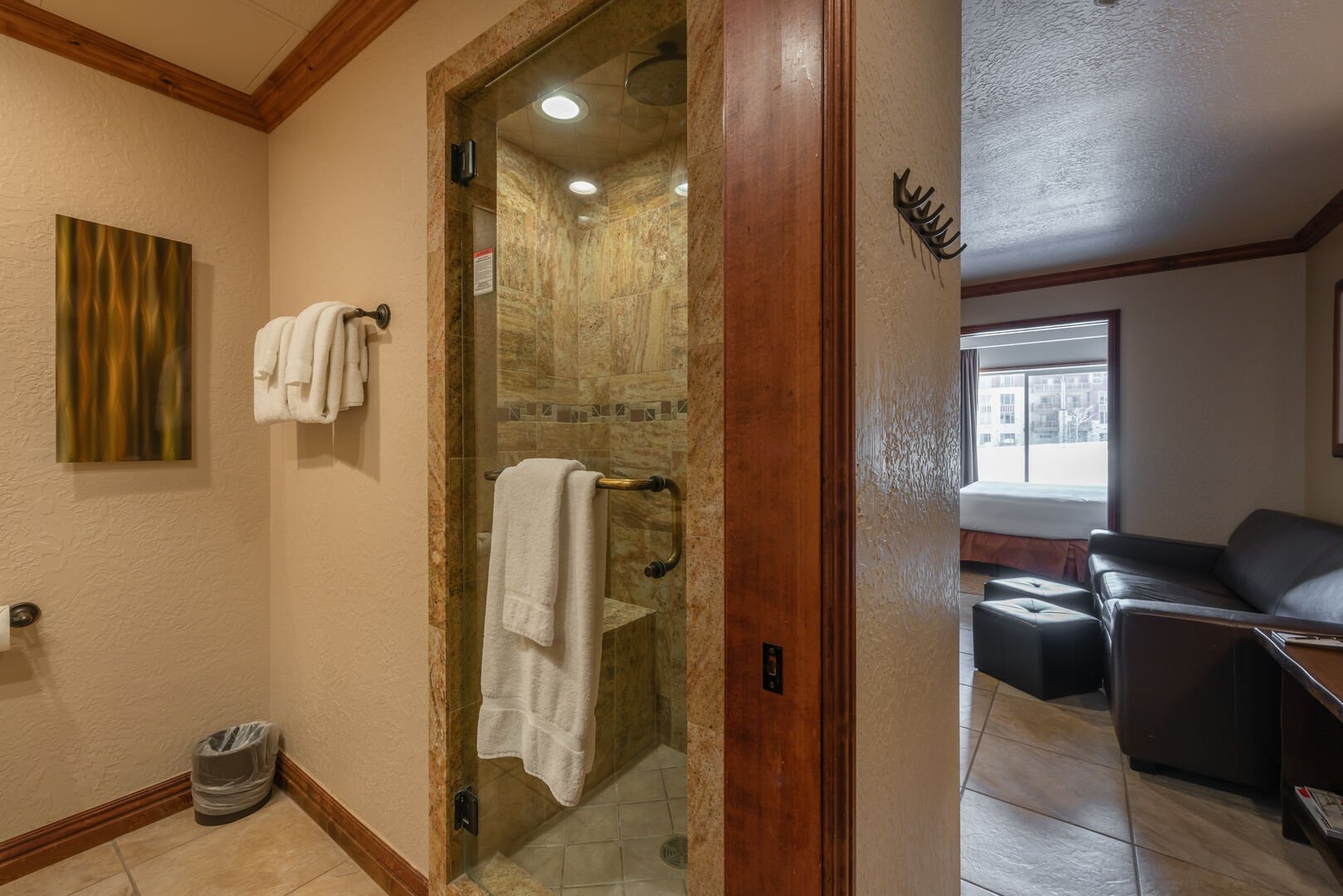 Shower with stone and seat