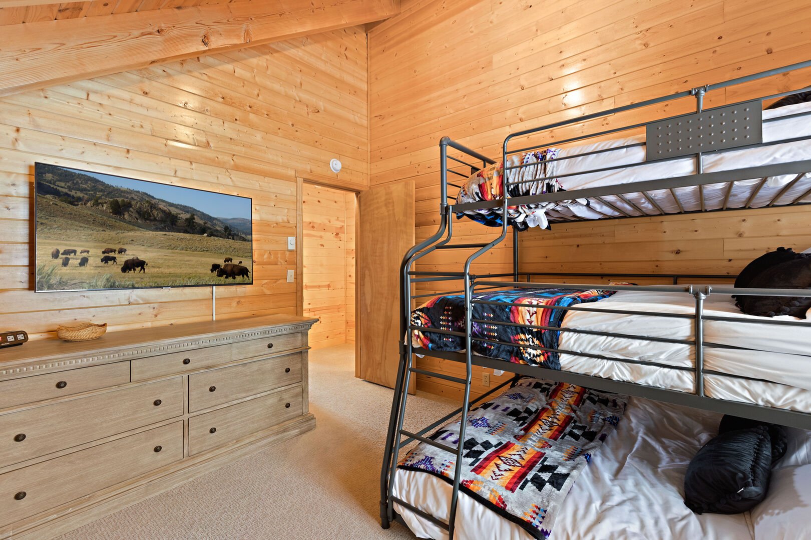 Grand Point Lodge ~ bedroom #5 on upper level w/ twin over queen over queen triple bunk bed